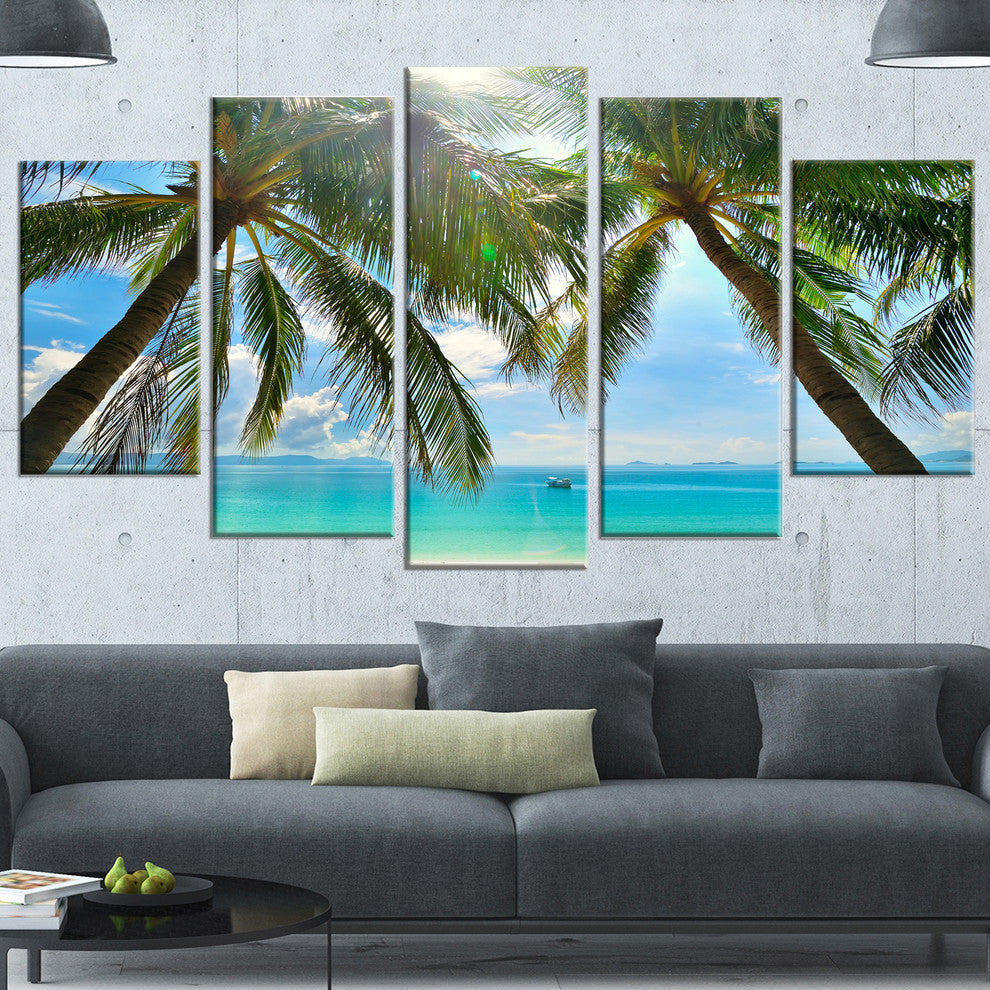 Palm Hanging over Sandy White Beach, Seashore Canvas Print, 60"x32", 5 Panels