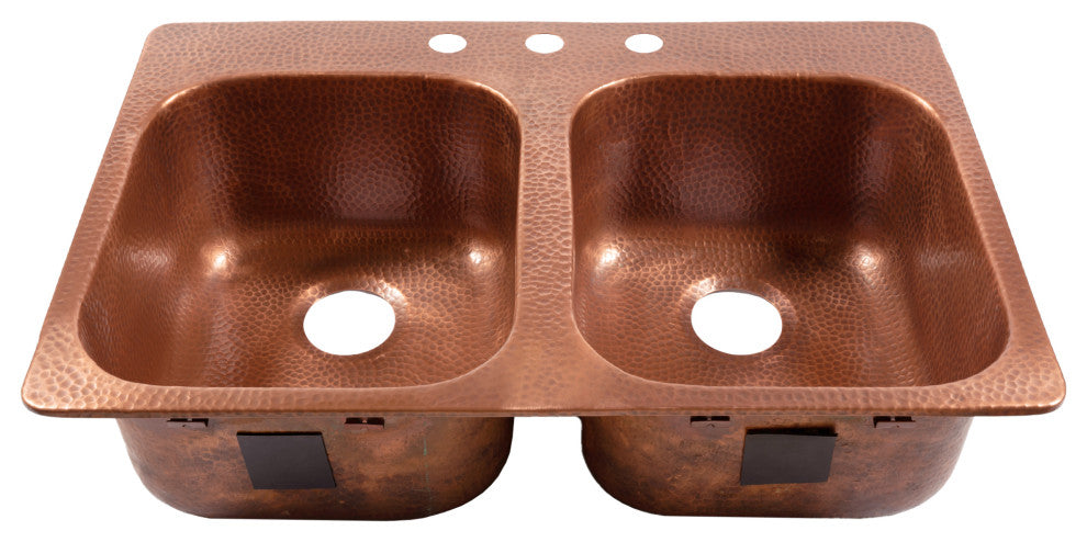 Santi 33" Drop-in Copper Double Bowl Kitchen Sink, 3-Hole