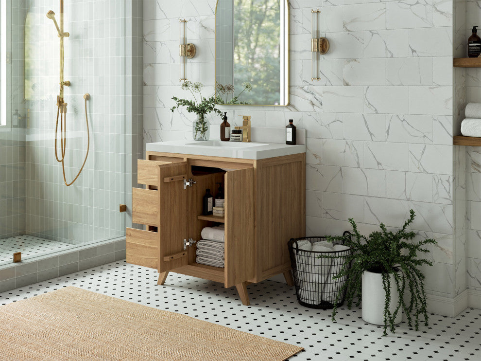 Madison Teak 36 Center Sink Bath Vanity in Light Natural 2" Piatra Gray