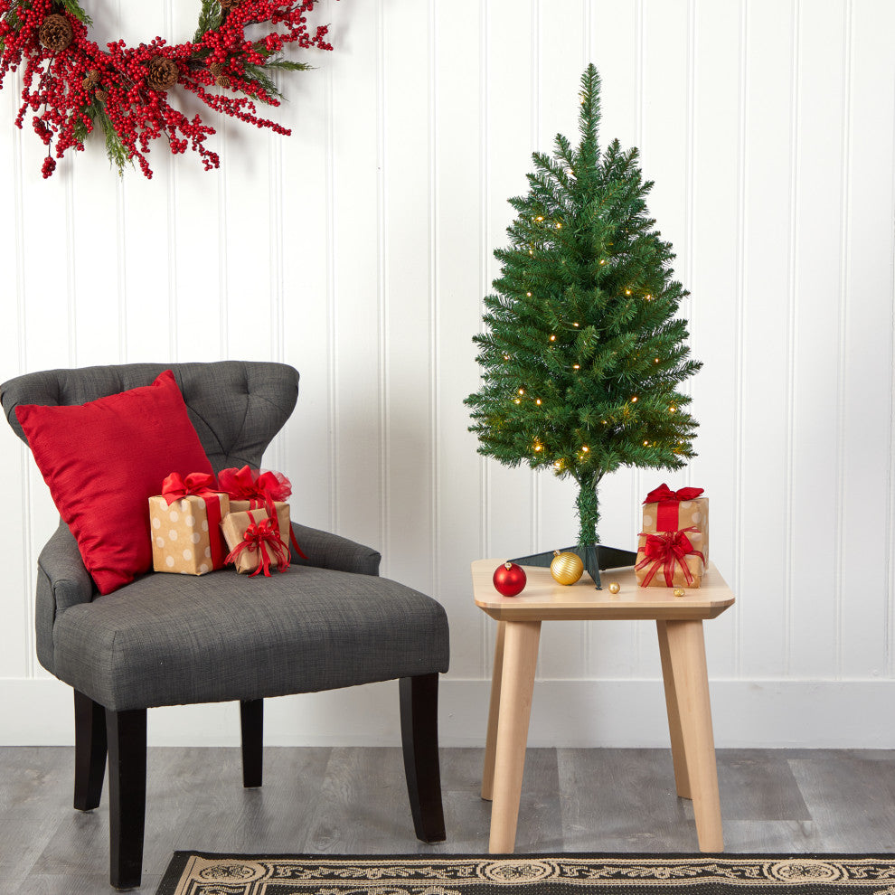 3' Slim Green Mountain Pine Artificial Christmas Tree With 50 Clear LED Lights
