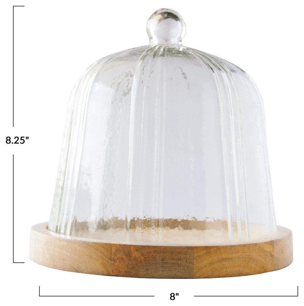 Round Reclaimed Glass Cloche With Mango Wood Base, Clear