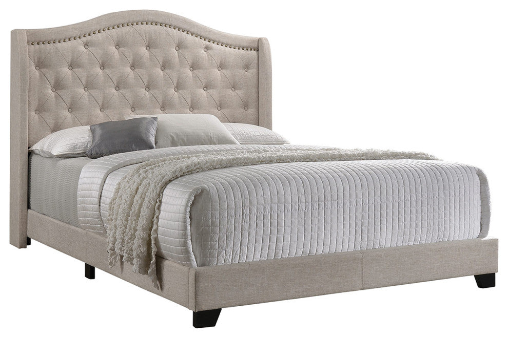 Camel Back Queen Bed Button Tufting in Beige