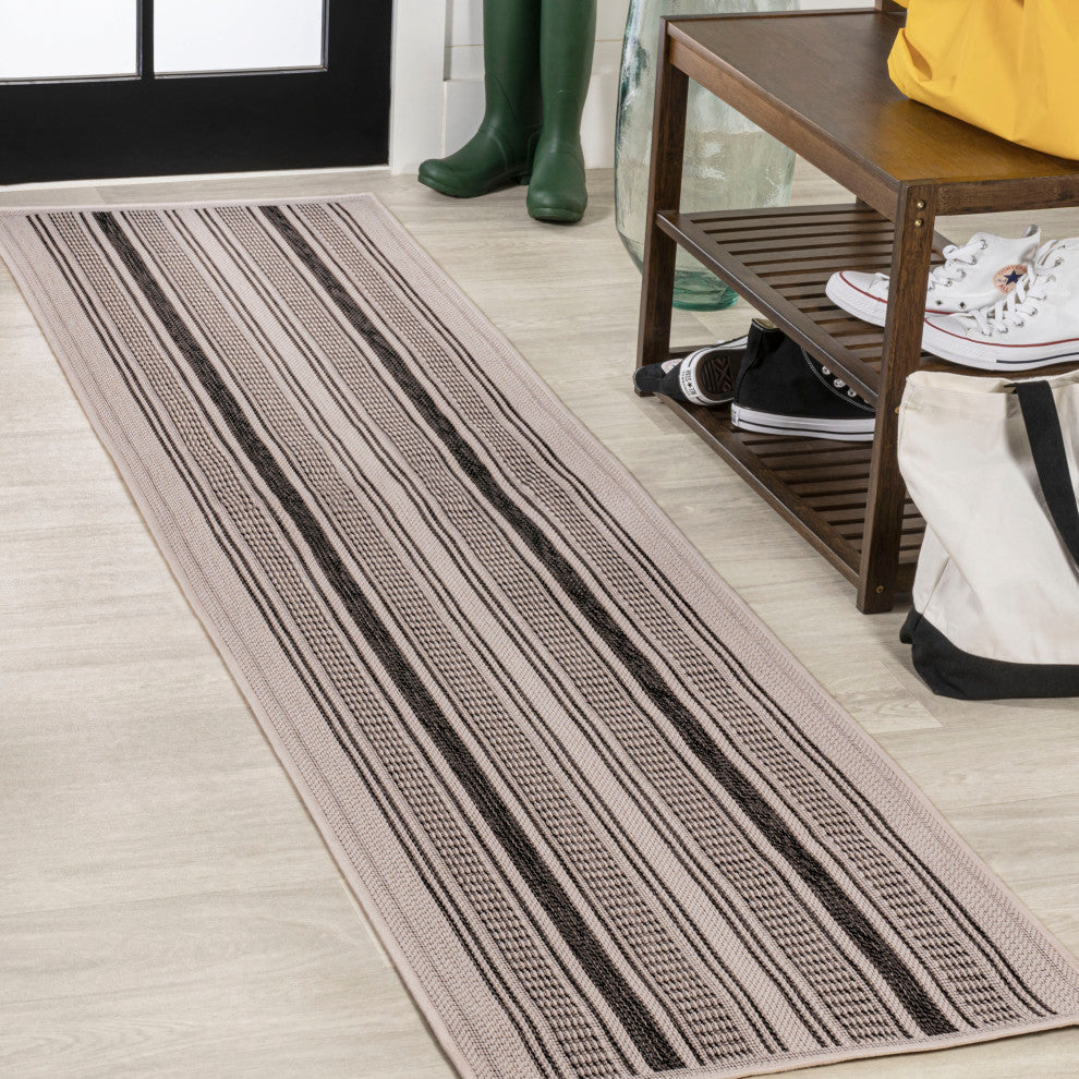 Haynes Modern Double Stripe Indoor/Outdoor Area Rug, Cream/Black, 2x8