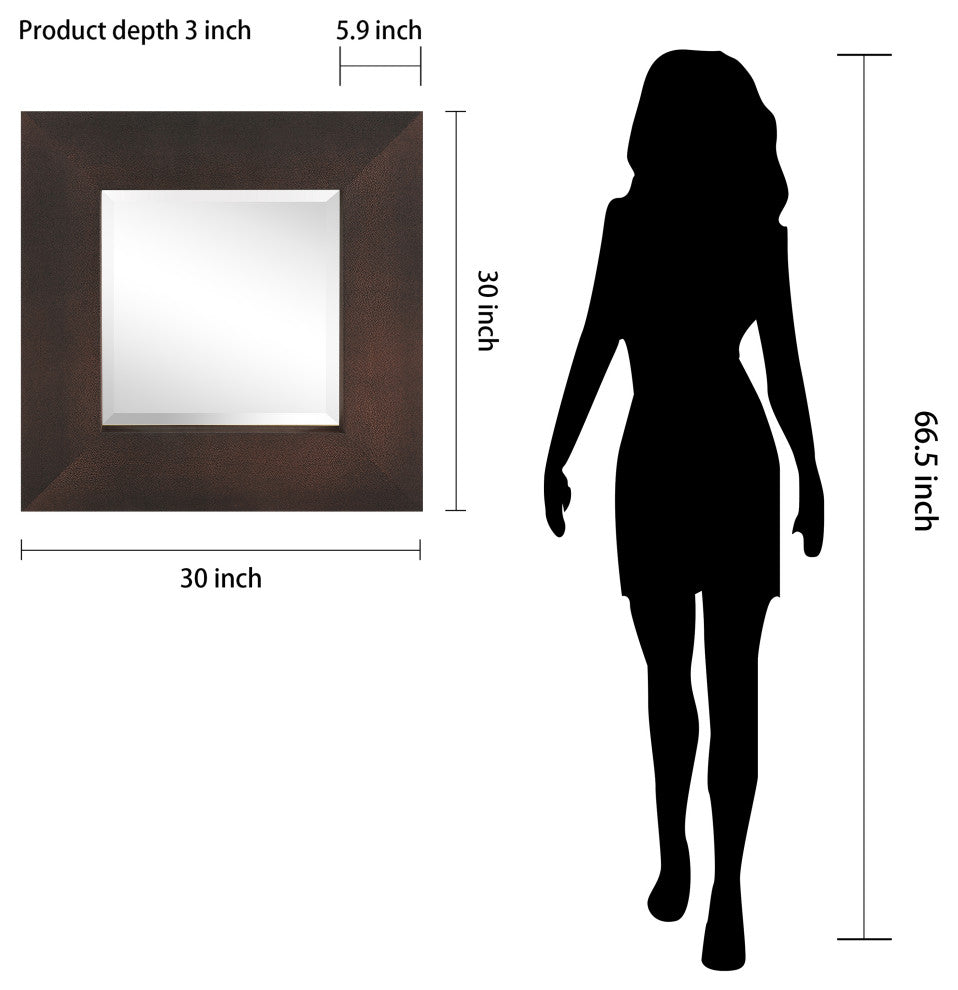 Beveled Wall Mirror, Bronze on Black Metallic Shagreen Leather Framed Mirror