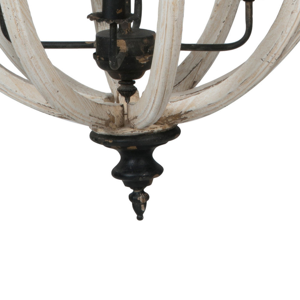 Benzara BM285024 4 Light Chandelier, Round Fir Wood Frame, Iron, White Black
