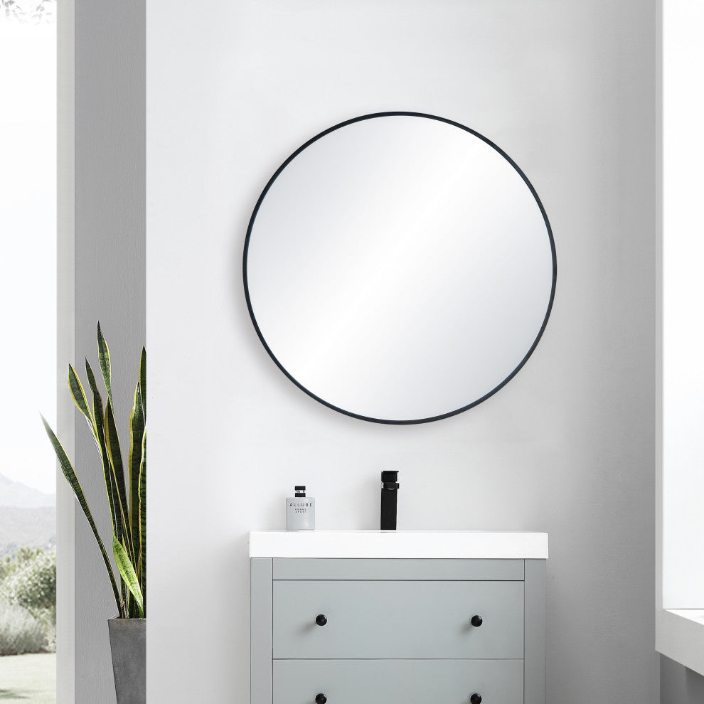 Round Metal Frame Shatterproof Wall Mount Mirror, FM3, Matte Black, 32"