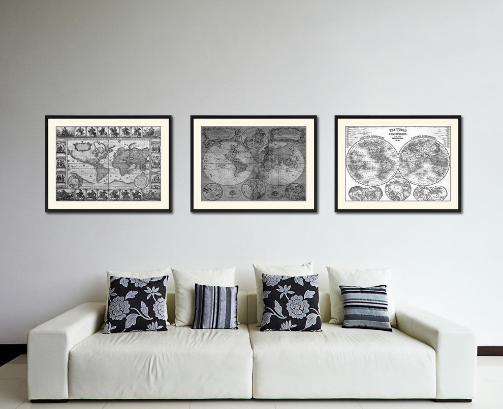 World Vintage Map Print On Canvas With Black Custom Frame, 16" X 21"