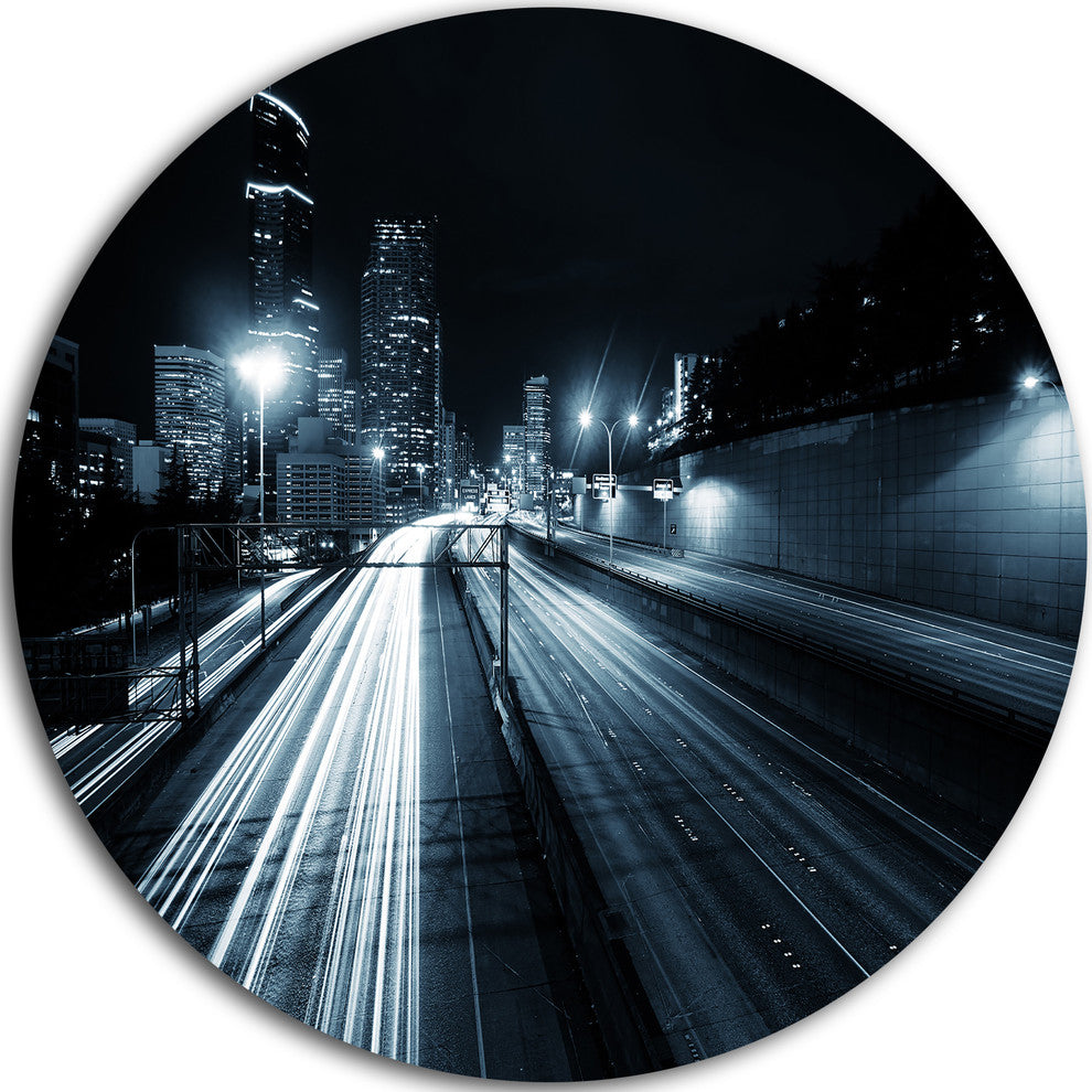 Illuminated Traffic Trail In Downtown Seattle, Disc Metal Wall Art, 36"