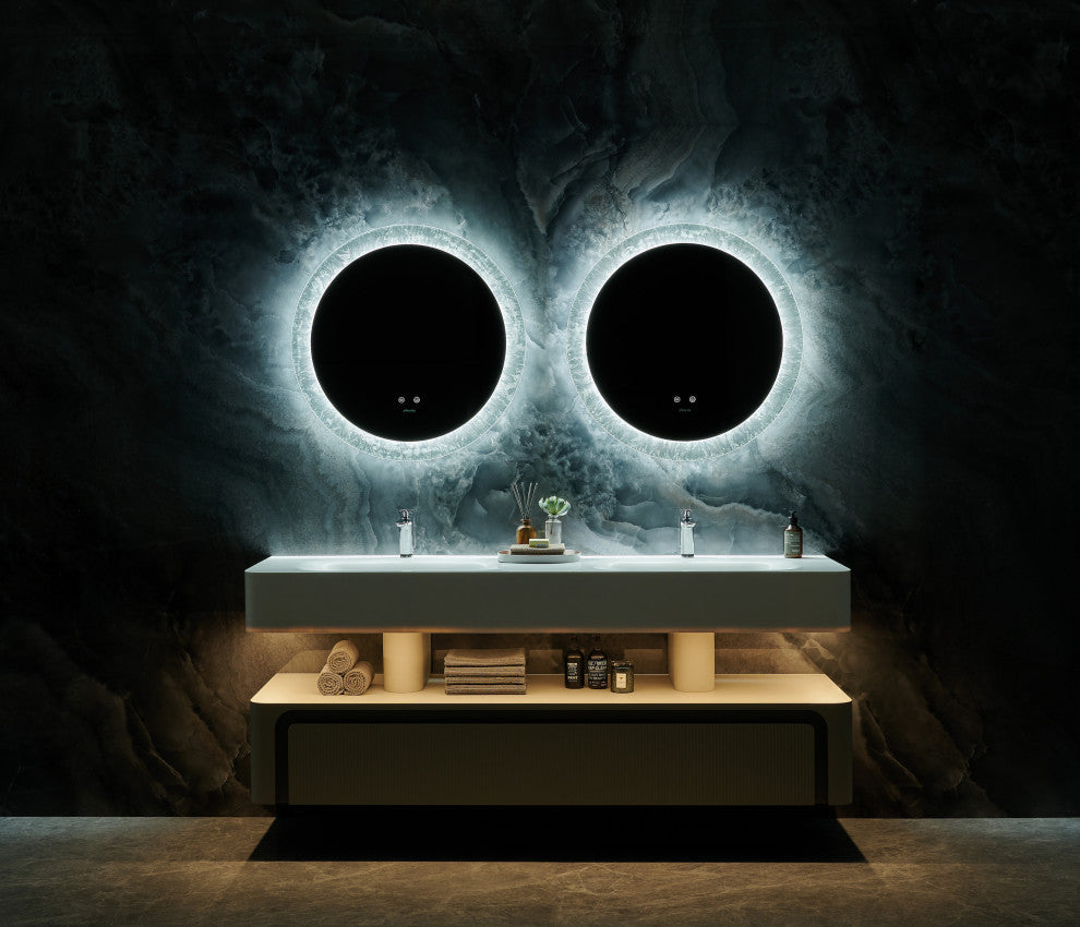 Frysta Round LED Frameless Mirror With Dimmer and Defogger, 30 Inch.