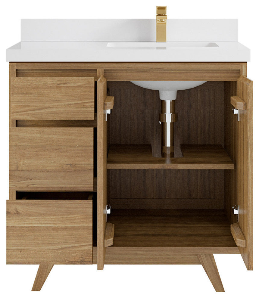 Madison  Teak 36 Right Offset Bath Vanity Golden Teak 2" White Quartz