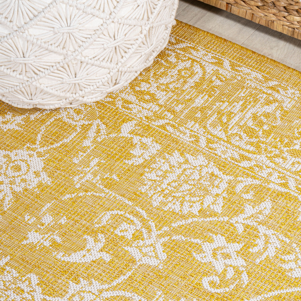 Tela Boho Textured Weave Floral Indoor/Outdoor Rug, Yellow/Cream, 5' Square