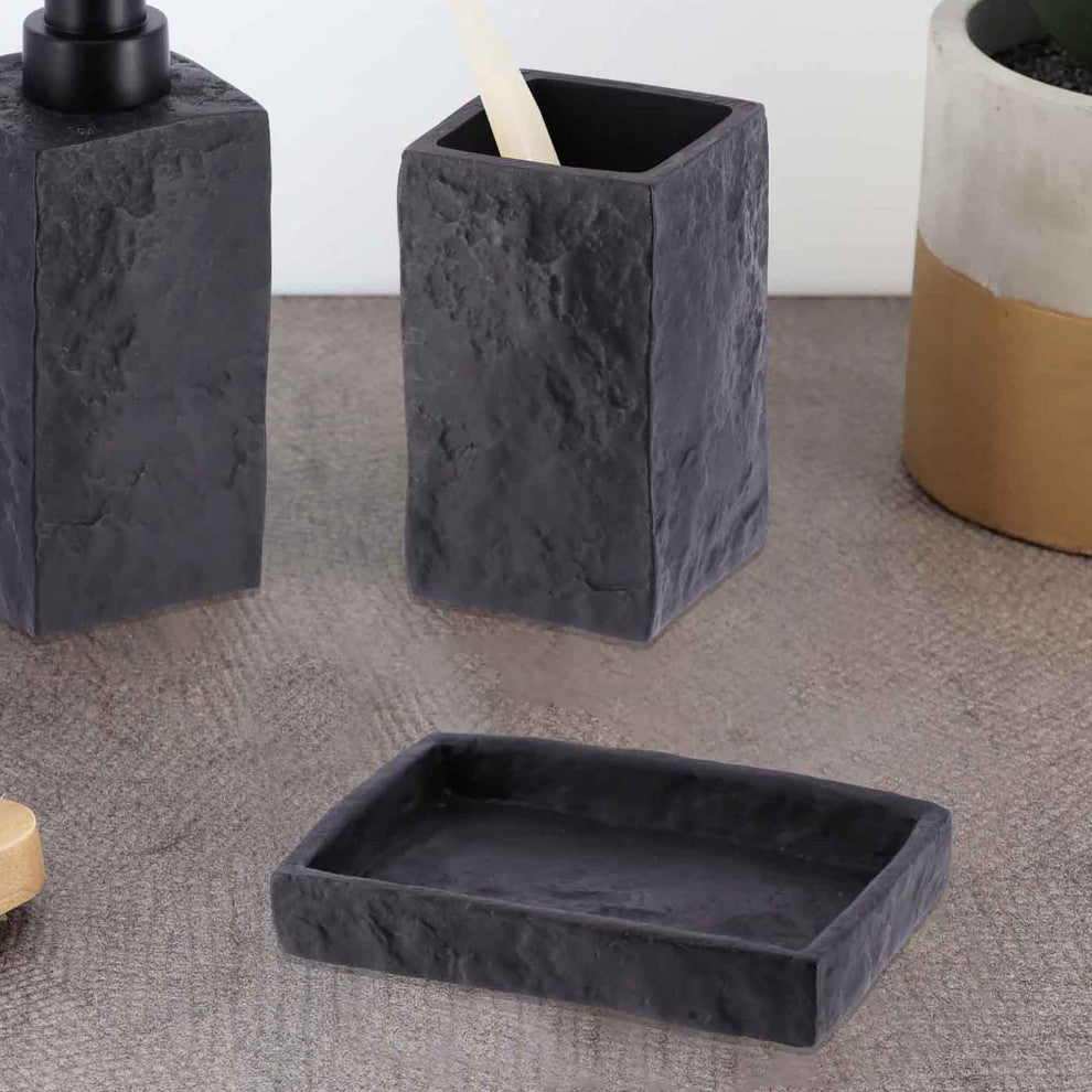 Elegant Stone-Effect Soap Dish Holder - Versatile Resin Tray for Bathroom Vanity, Black