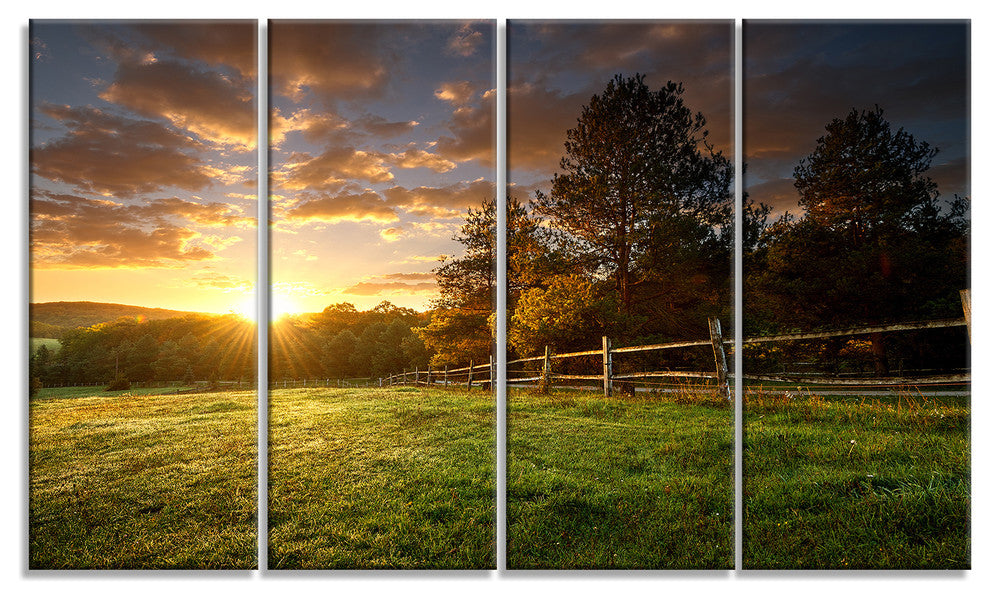 Fenced Ranch at Sunrise, Landscape Canvas Art Print, 48"x28", 4 Panels
