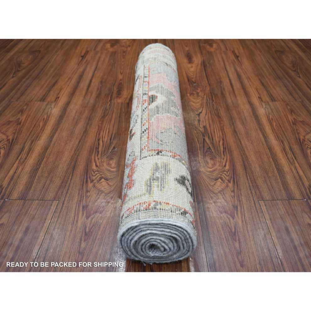 Gray Angora Oushak, Pop of Colors Hand Knotted Wool Runner Rug, 2'6" x 9'7"