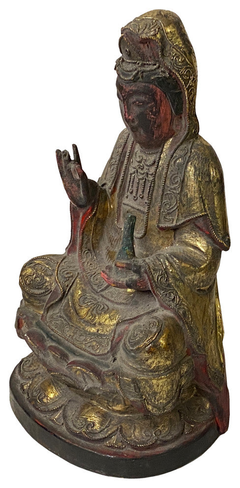 Vintage Chinese Wooden Carved Home Guardian Kwan Yin Figure Hws1175