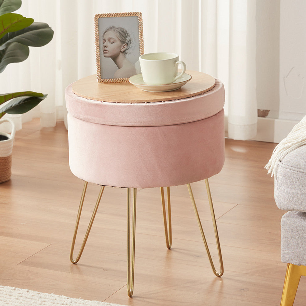 Round Storage Velvet Vanity Stool with Removable Lid, Pink