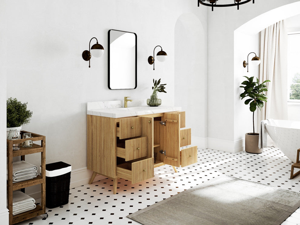 Pasadena 48 Single Sink Bath Vanity in Light Natural Teak 2" Viola Gold