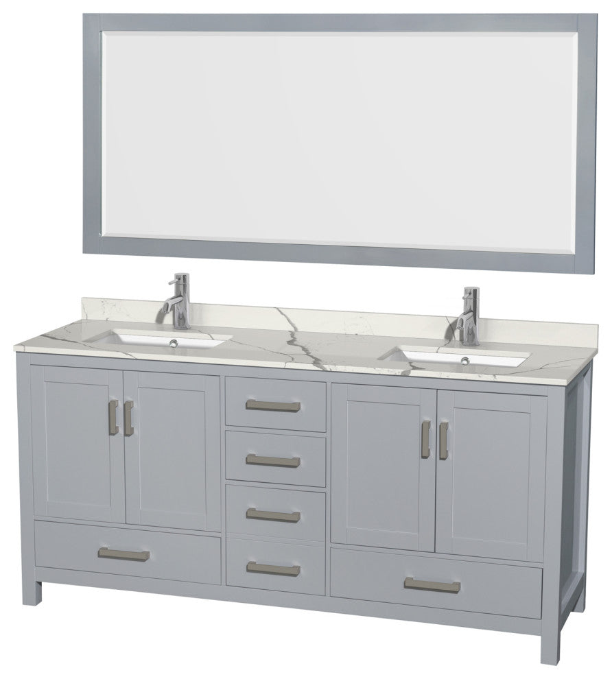 Sheffield 72" Gray Double Vanity, Calacatta Quartz Top, Square Sinks, 70" Mirror