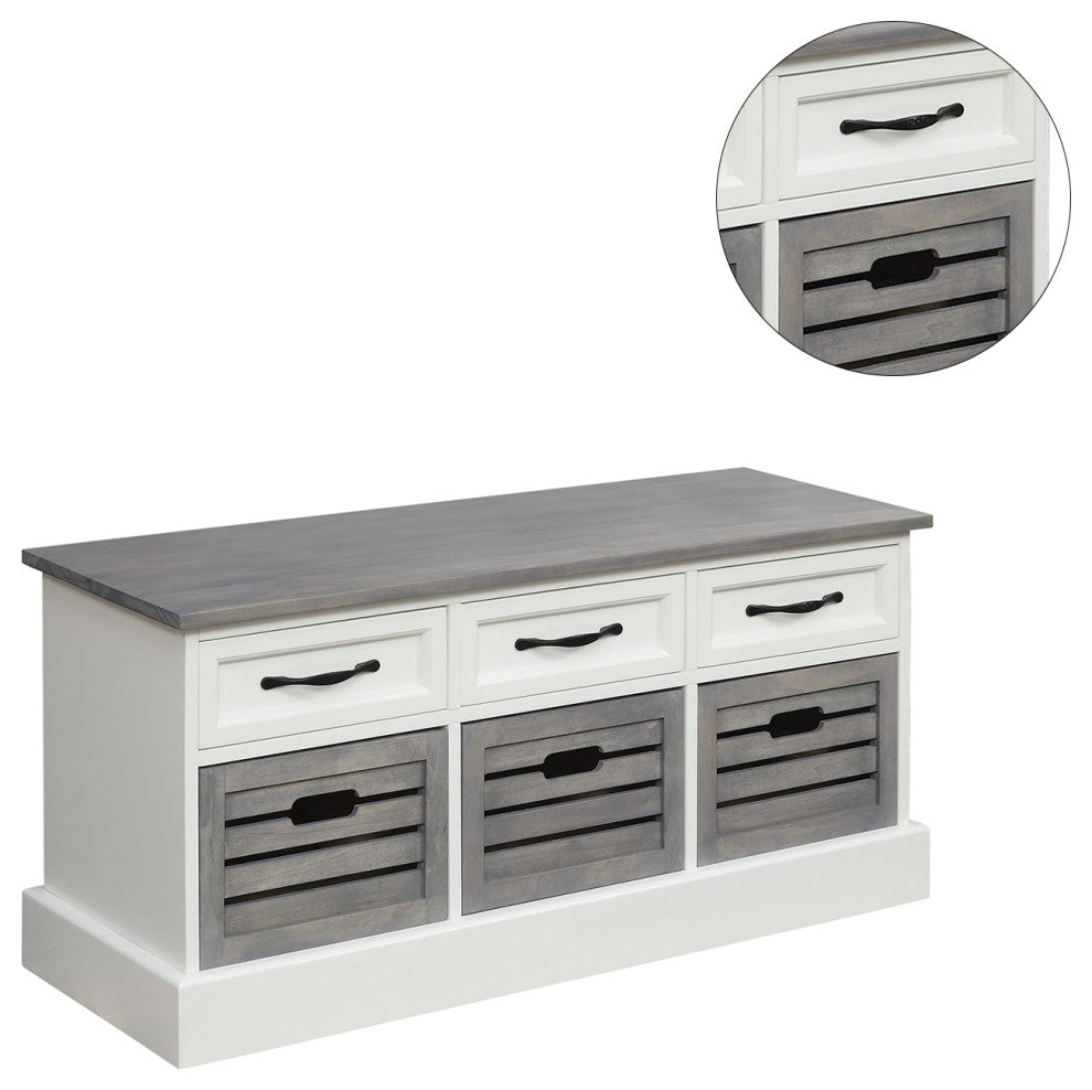 Wood Storage Bench, White and Weathered Gray