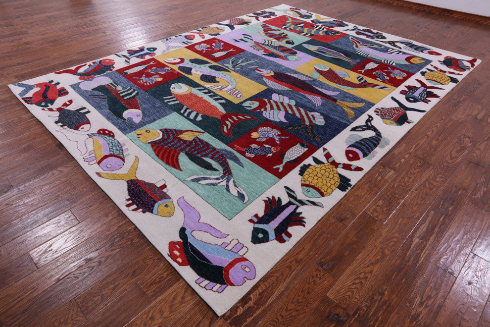 8' 11" X 12' 3" Gabbeh Fish Design Hand Knotted Wool Rug - Q13525