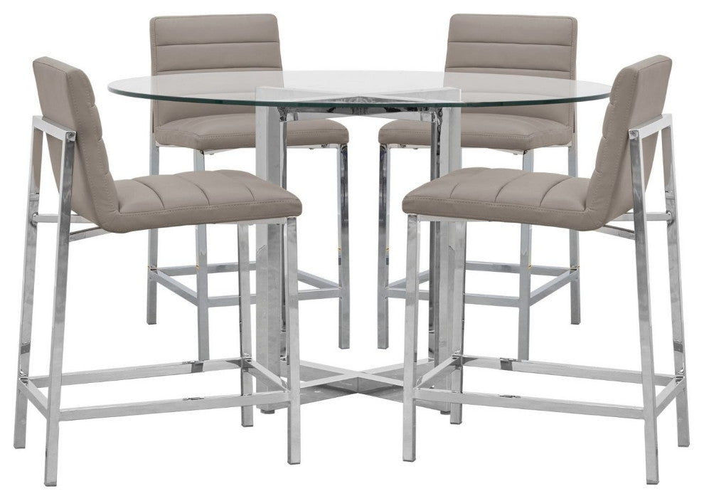 Modus Amalfi 5PC 48" Round Counter Glass Tbl & 4 Metal Back Stool Set-Taupe