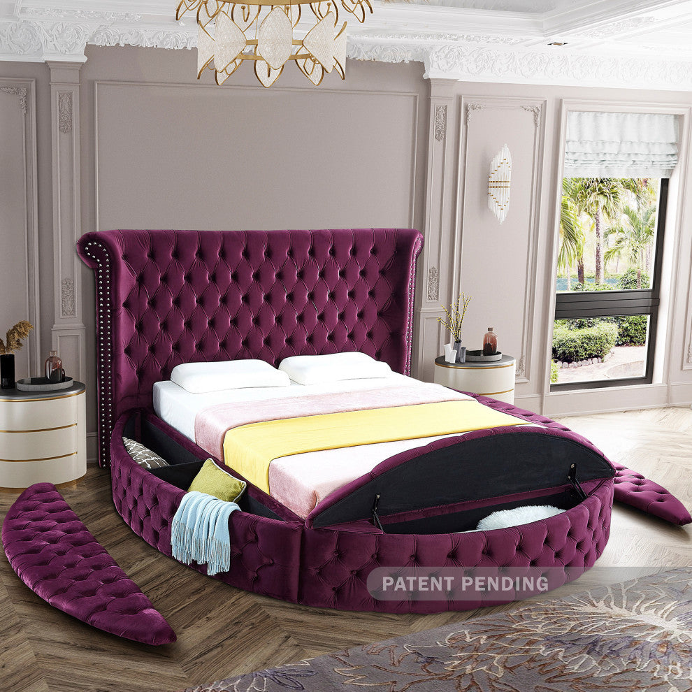 Luxus Button Tufted Velvet Round Bed, Purple, King