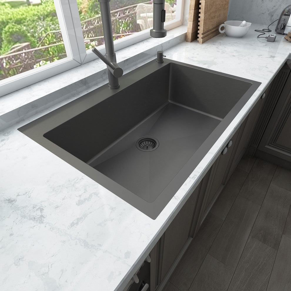 Sinber Single Bowl Kitchen Sink with 304 Stainless Steel Black Finish, 33"x22", Drop-in