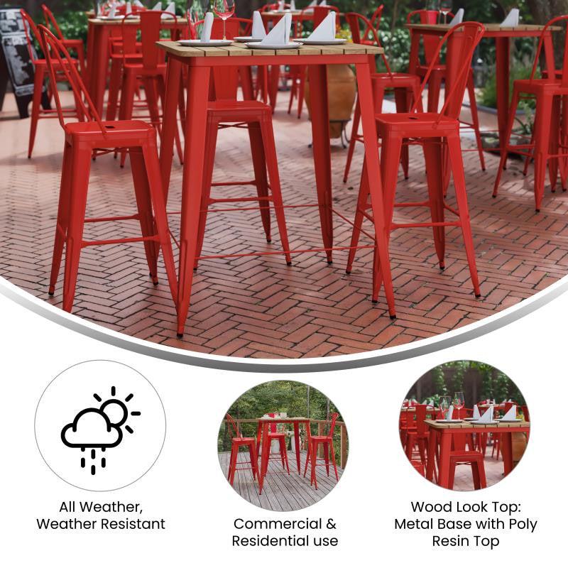Declan Commercial Indoor/Outdoor Bar Top Square Table, 31.5", Brown/Red