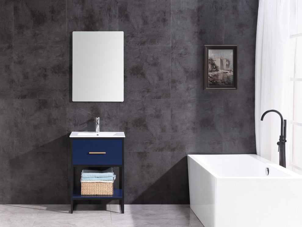 24" Blue Finish Sink Vanity With Black Metal Frame, PVC
