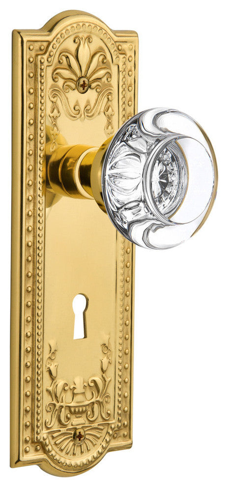 Meadows Plate Passage Round Clear Crystal Glass Knob, Polished Brass