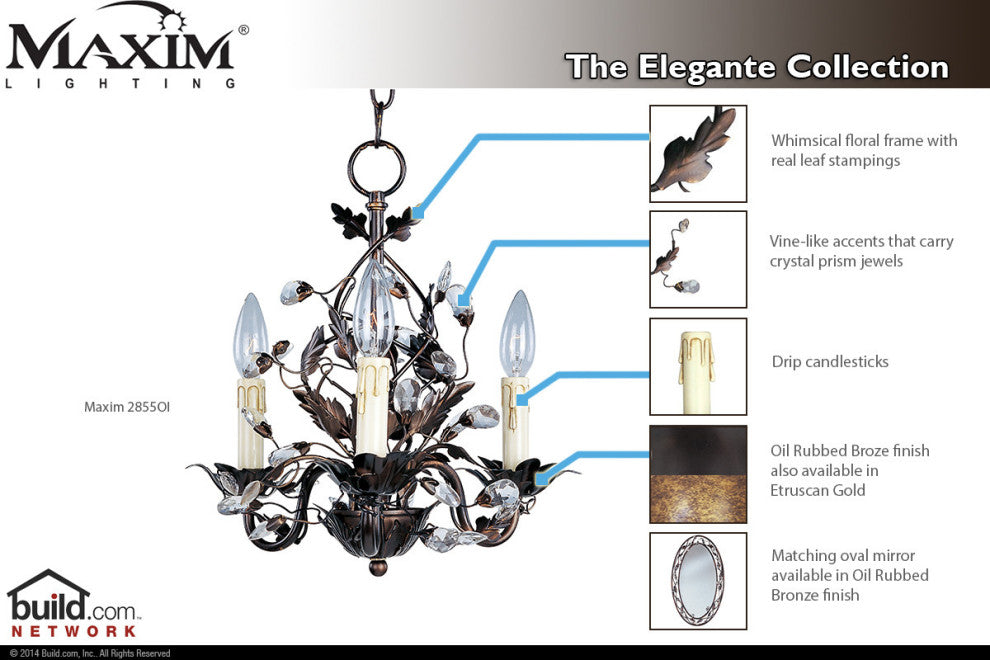 Maxim 2855 Elegante 14"W 3 Light Chandelier - Etruscan Gold