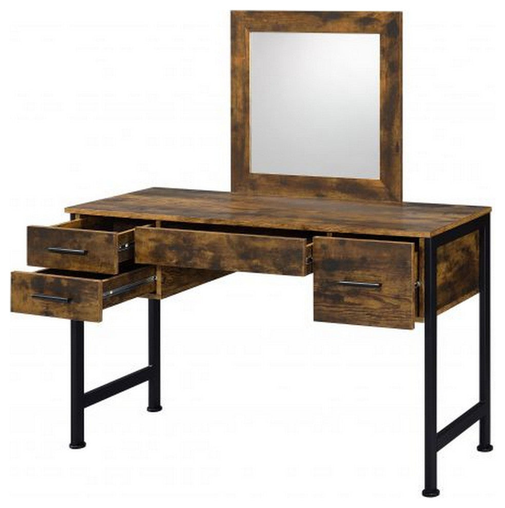 Benzara BM268893 Vanity Desk With 4 Drawers and Square Mirror, Brown and Black