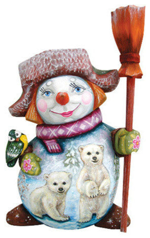 Artistic Wood Carved Polar Bear Family Snowman Sculpture