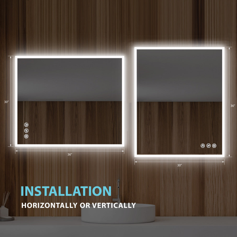 Fogless, Dimmable, Color Temperature Adjustable LED Mirror, 30x36