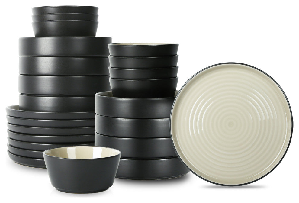Stone Lain Elica Stoneware 24 Piece Dinnerware Set, Beige and Black