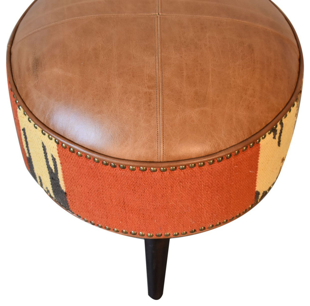 Durrie and Leather Mixed Footstool