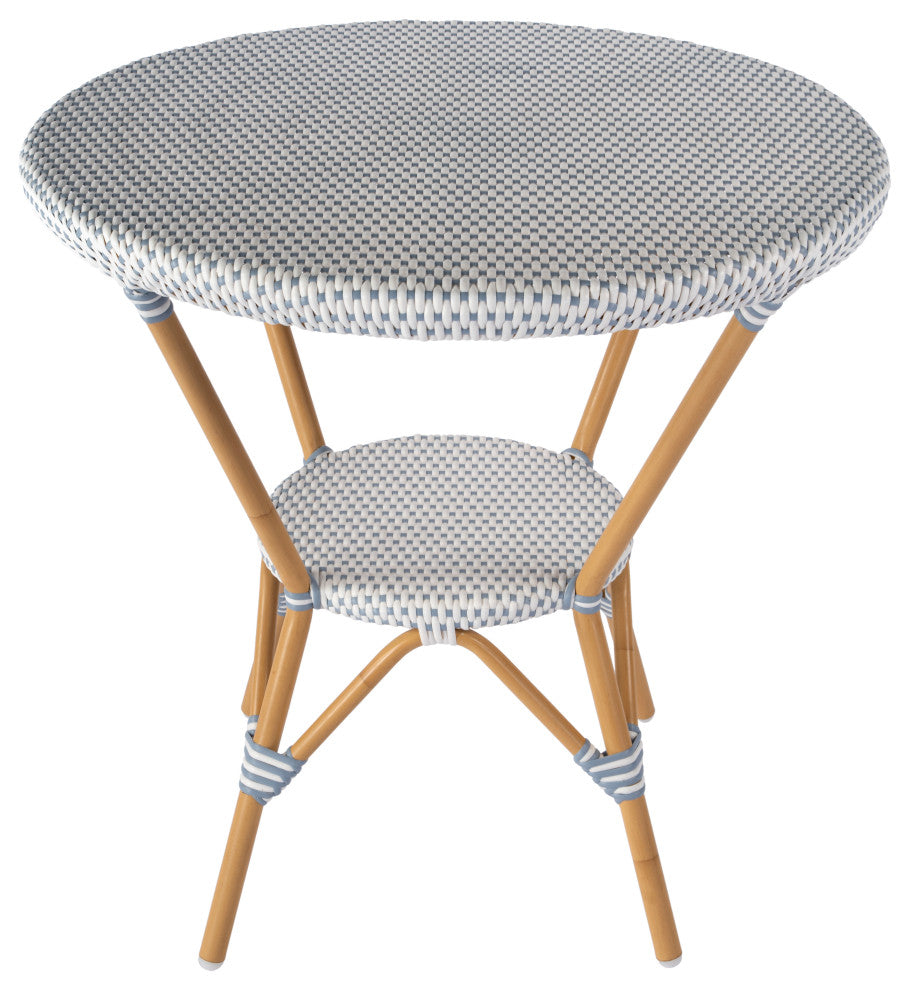 Tobias Outdoor Rattan and Metal Round Bistro Table, Blue and White