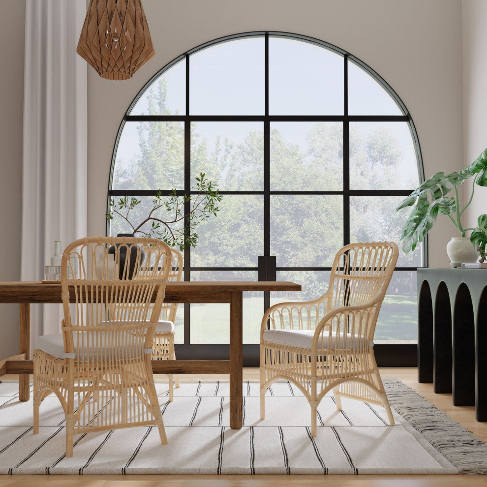 Rattan Loop Armchair With Seat Cushion, Set of 2, Natural-Brown