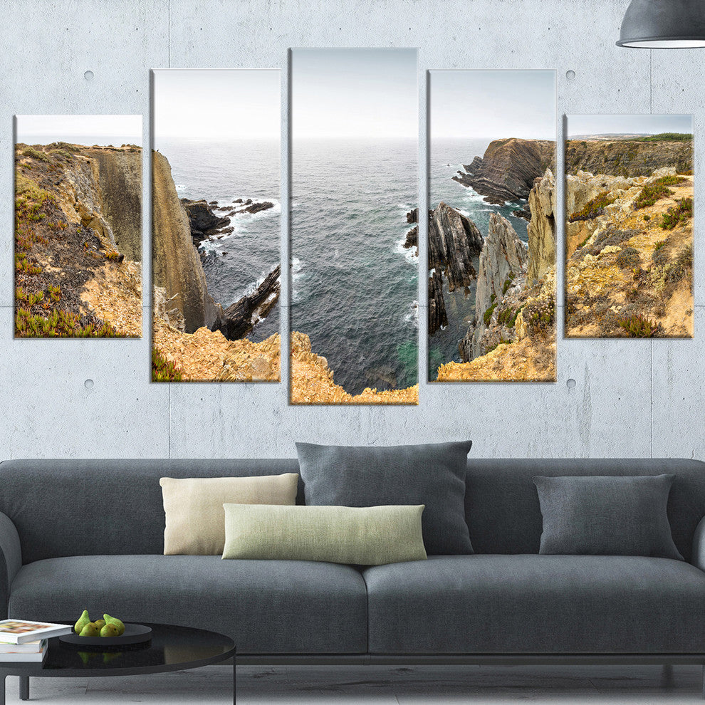 "Rocky Bay Portugal Panorama" Oversized Beach Canvas Artwork, 5 Panels, 60"x32"