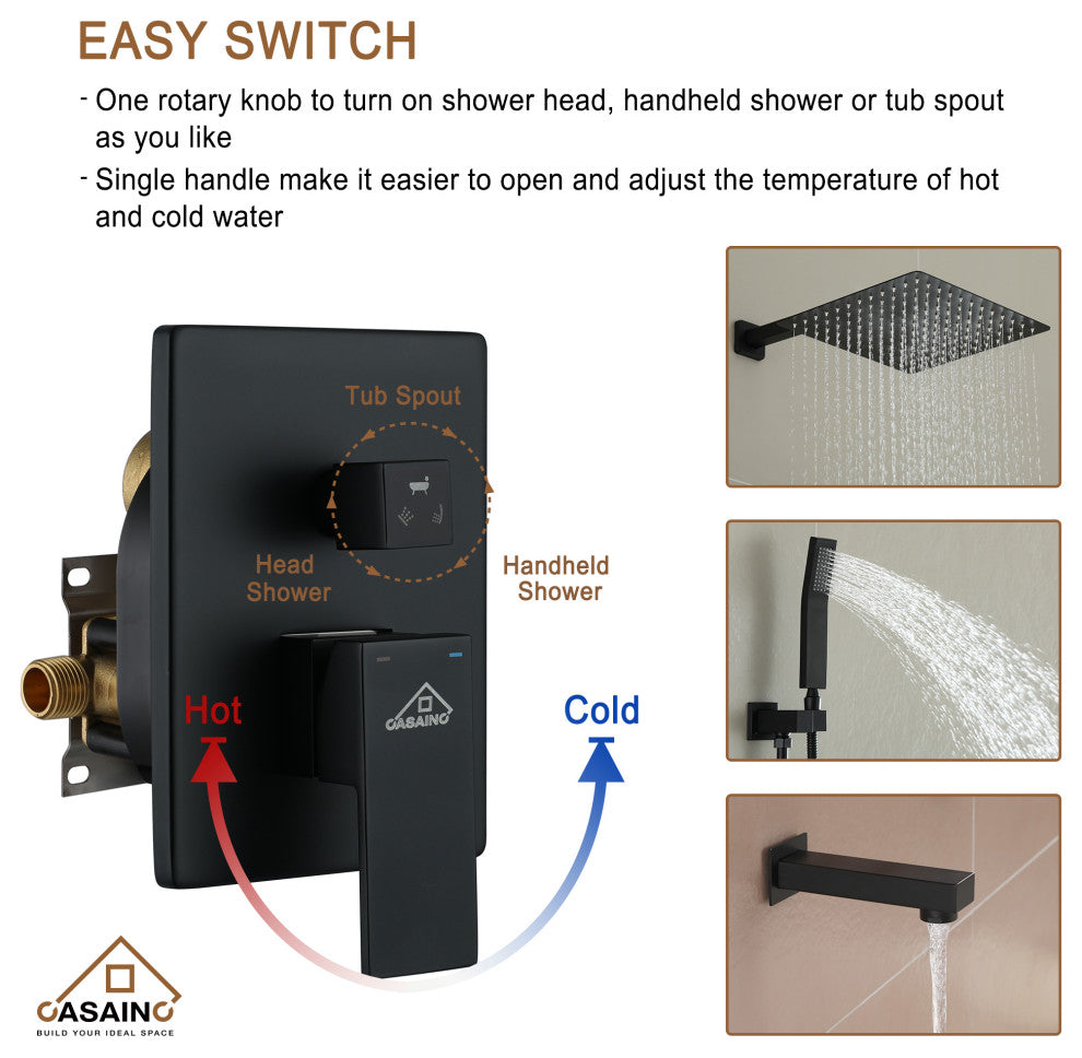 12" Wall Mounted Shower System with Bathtub Faucet,Matte Black