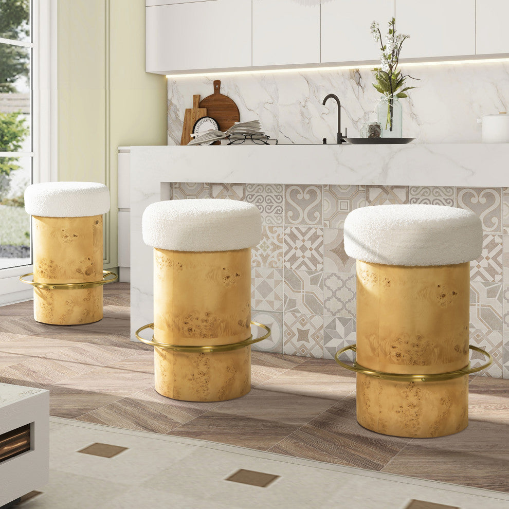 Nebula 26" Backless Round Burl Wood Counter Stool, Ivory White Boucle