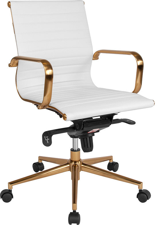 White Ribbed Leather Executive Swivel Office Chair,Gold Frame, Arms