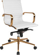 White Ribbed Leather Executive Swivel Office Chair,Gold Frame, Arms