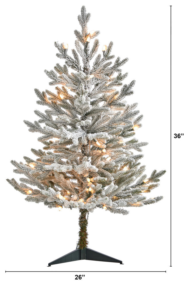 3' Flocked Fraser Fir Faux Xmas Tree W/200 White Lights & 481 Bendable Branches