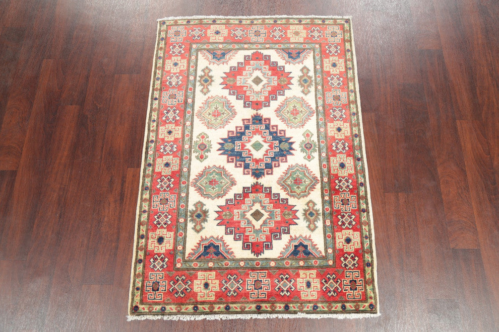 Kazak Oriental Traditional Hand Made Area Rug Pakistani, Beige, 4'9"x3'4