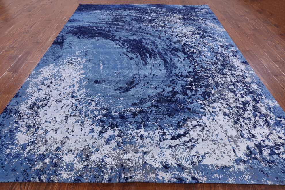 7' 9" X 10' 3" Modern Ocean Design Hand-Knotted Wool and Silk Rug Q7130