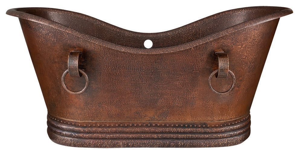 67" Hammered Copper Double Slipper Bathtub, Rings, Overflow Holes & Drain