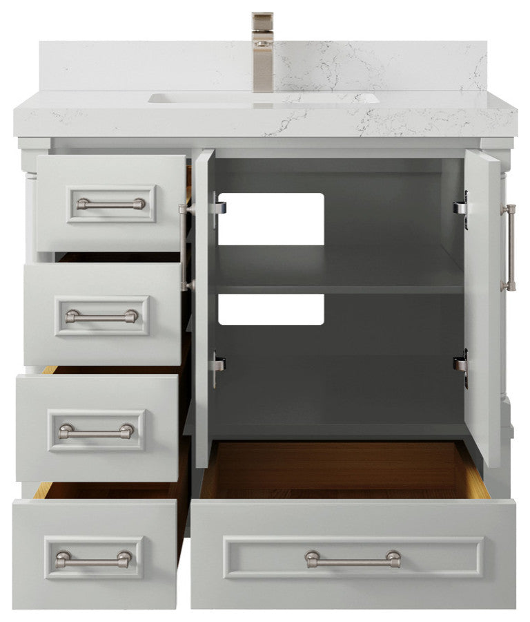 Aberdeen 36 Center Sink Bath Vanity in Coventry Gray 2" Empira Quartz