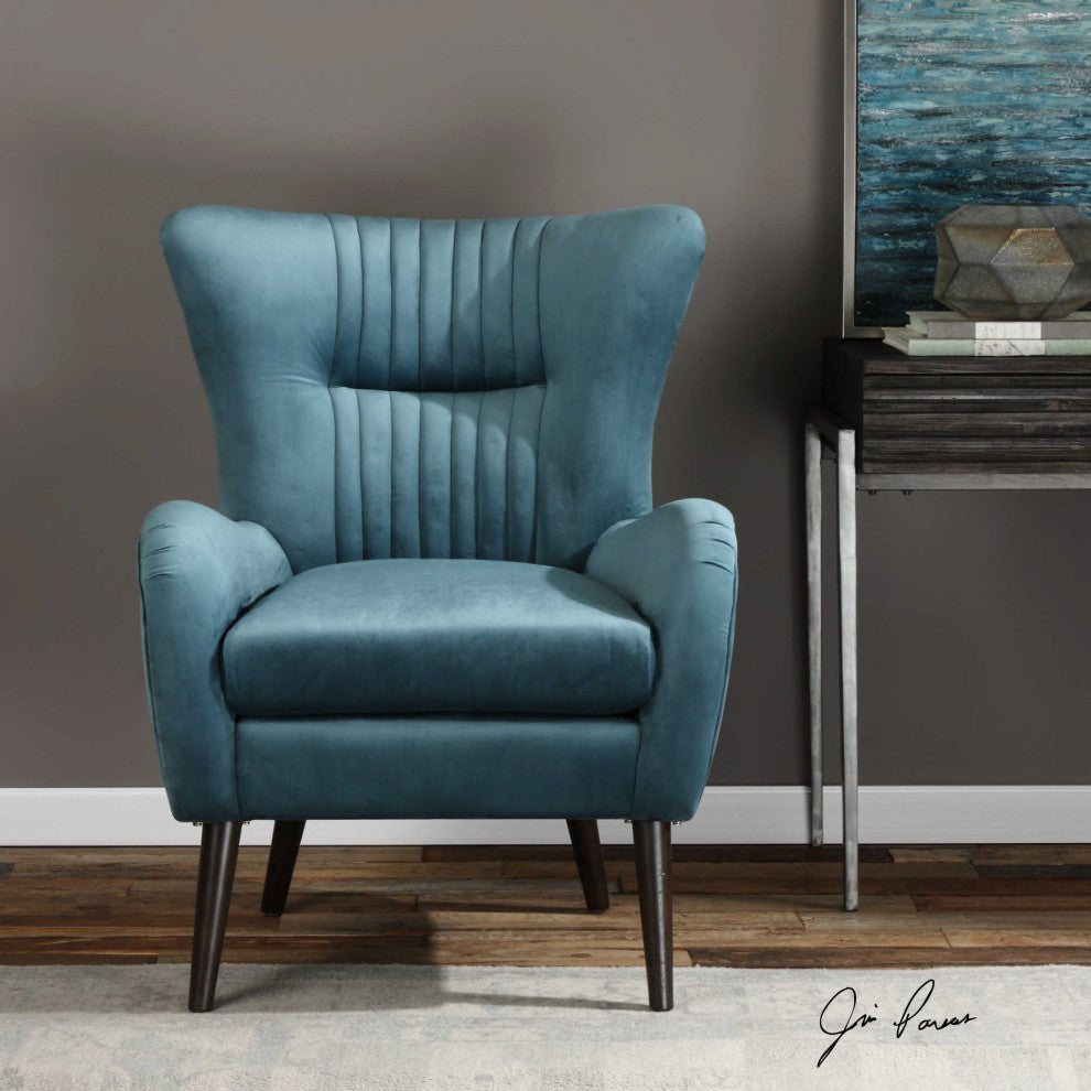 Midcentury Modern Teal Blue Arm Wing Chair, Sculpted Back Tapered Leg