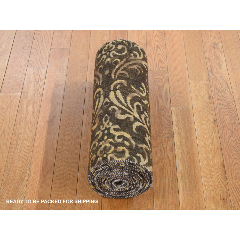 Brown Hand Knotted Damask Tone on Tone Wool and Silk Runner Rug 2'x9'10"